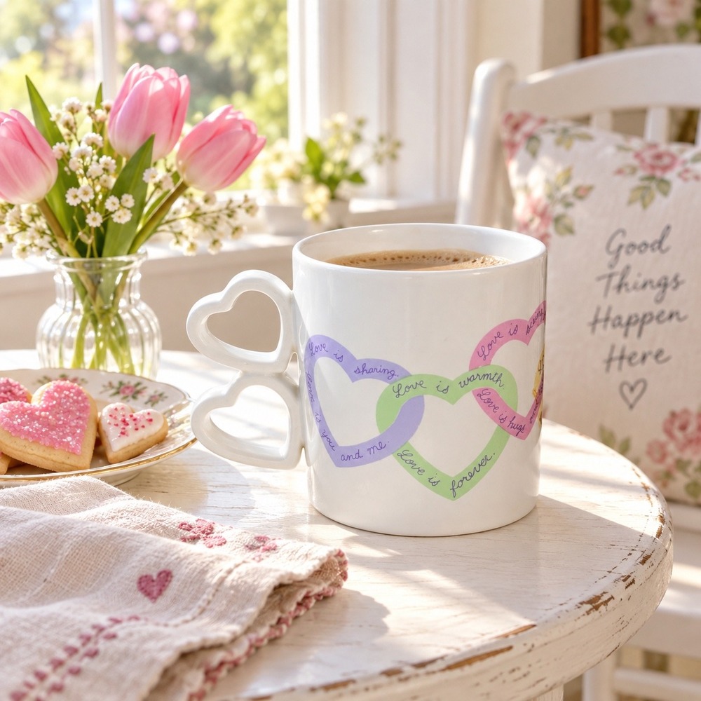 Vintage Double Heart Handle Coffee Mug Love Sentiments Pastel Hearts Ceramic
